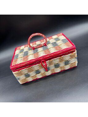 Vintage Wicker Sewing Basket Japan Mid Century Storage Container Carrying Case